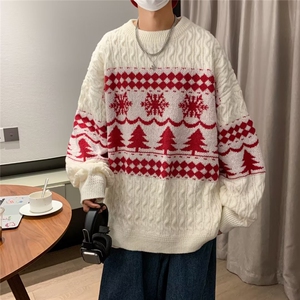 日系复古菱格麻花圣诞红色毛衣男情侣冬季慵懒风套头针织衫上衣图片