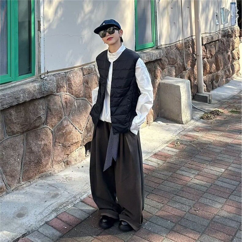 美式复古垂感免烫休闲西裤男宽松褶皱拖地裤高级感毛呢高腰阔腿裤,男装西裤,星座506A