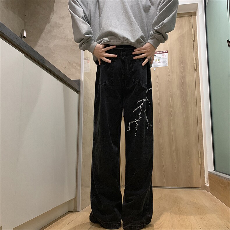 XZ-221-5/K6200/P55控78高品质美式复古刺绣电闪纹宽松直筒牛仔裤,男装牛仔裤,星座221-5