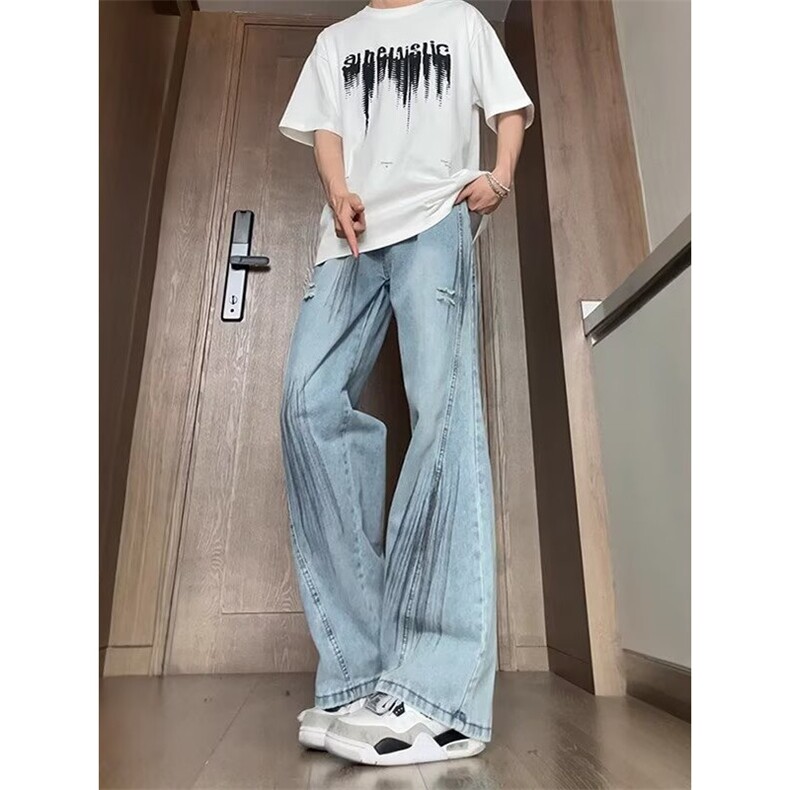 破洞弯刀牛仔裤男夏季设计感高个子裤子直筒宽松微喇裤NZA421,男装牛仔裤,星座516A