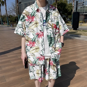 夏日大码套装宽松花衬衫男短袖痞帅休闲上衣两件套衣25裤20/TP45图片