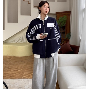 美式复古立领条纹运动外套男潮牌休闲棒球服百搭卫衣JK1420图片