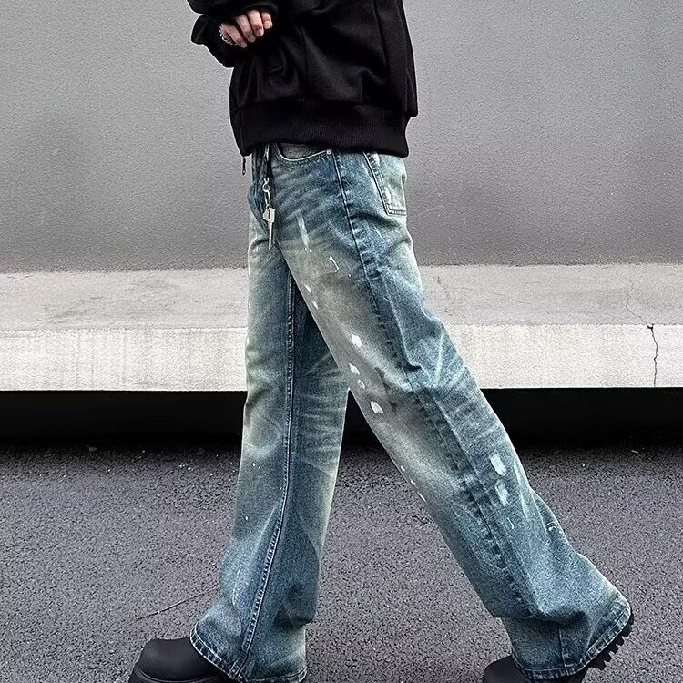 美式复古泼墨牛仔裤男女潮宽松直筒阔腿欧美休闲拖地裤XN6084,男装牛仔裤,星座208-5