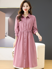 长袖连衣裙女2025春秋新款复古气质文艺收腰显瘦小个子棉麻衬衫裙，女装连衣裙，芙芮