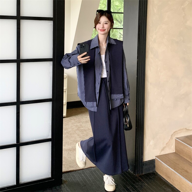 现货:秋装新款休闲条纹衬衫半身裙三件套装裙2C135-8888P185K258,女装套装/套裙,2C135
