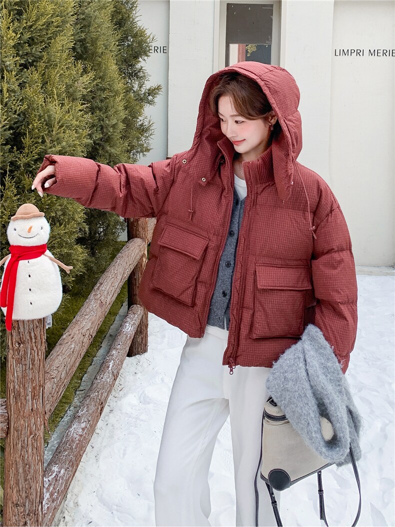 高级感安哥拉红羽绒服女小个子2025冬季新款加厚保暖连帽面包服,女装短外套,2B156