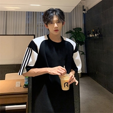 得物抖音品质二开240克重磅宽松纯棉美式高街拼接织带短袖T恤，男装T恤，电商A486