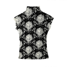 气质网纱印花时尚T恤女短袖半高领2025夏季薄，女装衬衫，温伦斯特羊绒