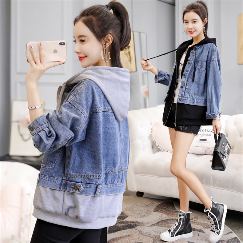 2021韩国ulzzang春秋季新款假两件拼接牛仔外套连帽女，女装短外套，潮品会