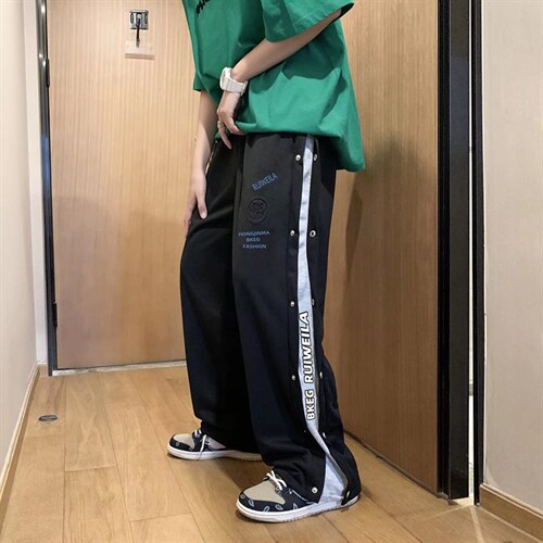 字母印花排扣运动裤男设计感拼接卫裤炸街vibe风休闲裤K2193-P38图片