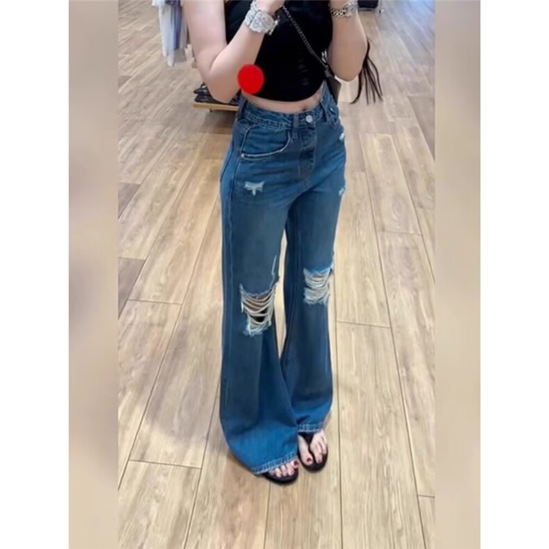 美式蓝色微喇破洞牛仔裤女薄款2025夏季新款小个子高腰马蹄喇叭裤,男装牛仔裤,星座1210-1