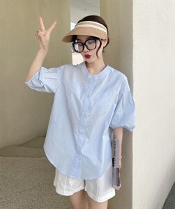 夏季新款 亮色圆领衬衫图片