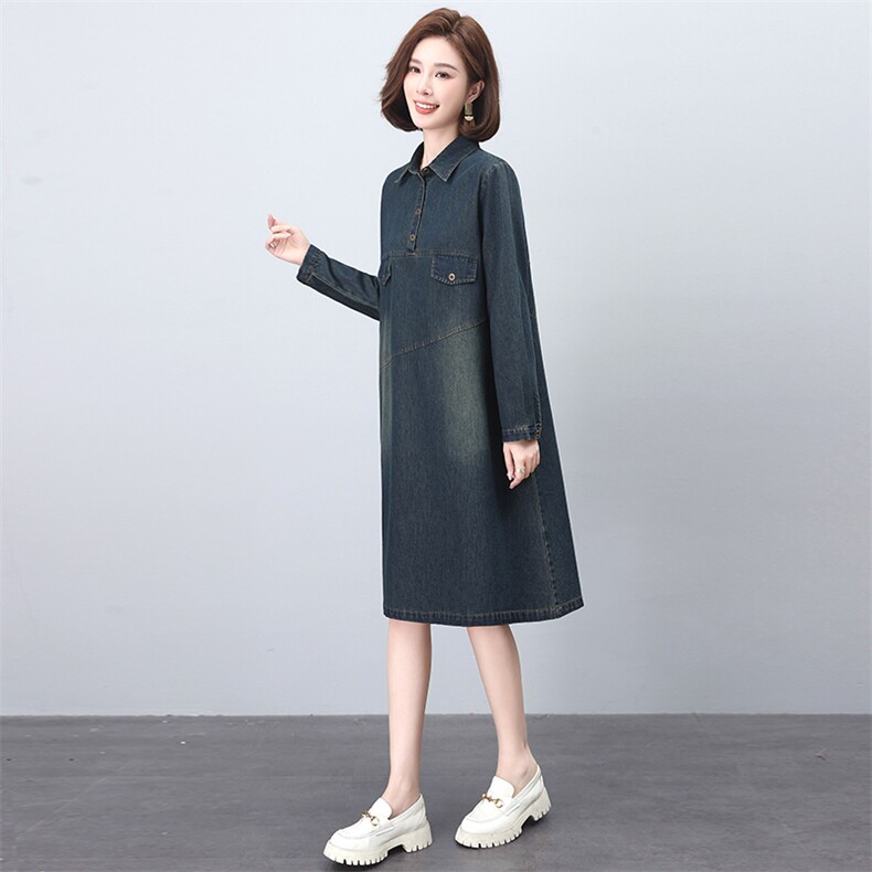 牛仔连衣裙女2025春秋新款休闲宽松遮肚时尚气质妈妈长袖翻领裙子,女装连衣裙,希欧阁