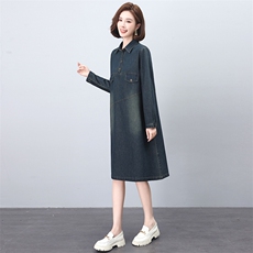 牛仔连衣裙女2025春秋新款休闲宽松遮肚时尚气质妈妈长袖翻领裙子，女装连衣裙，希欧阁