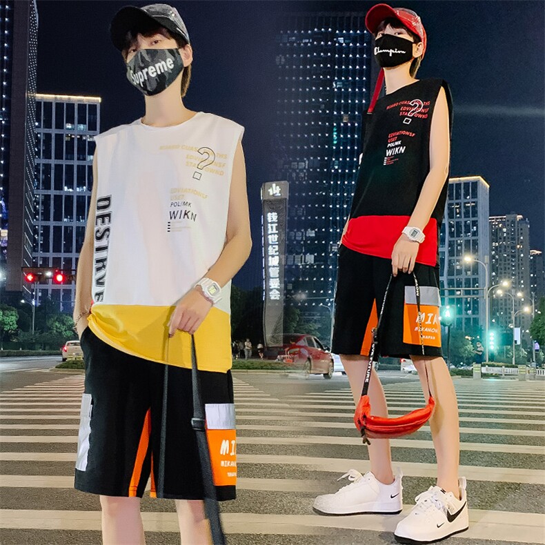 2021青少年新款男女情侣装薄款纯棉卡通宽松背心套装男 TZ262图片