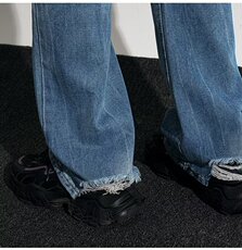 美式高街vibe做旧水洗蓝色cleanfit牛仔裤男破洞微喇毛边长裤B860，男装牛仔裤，星座601-2