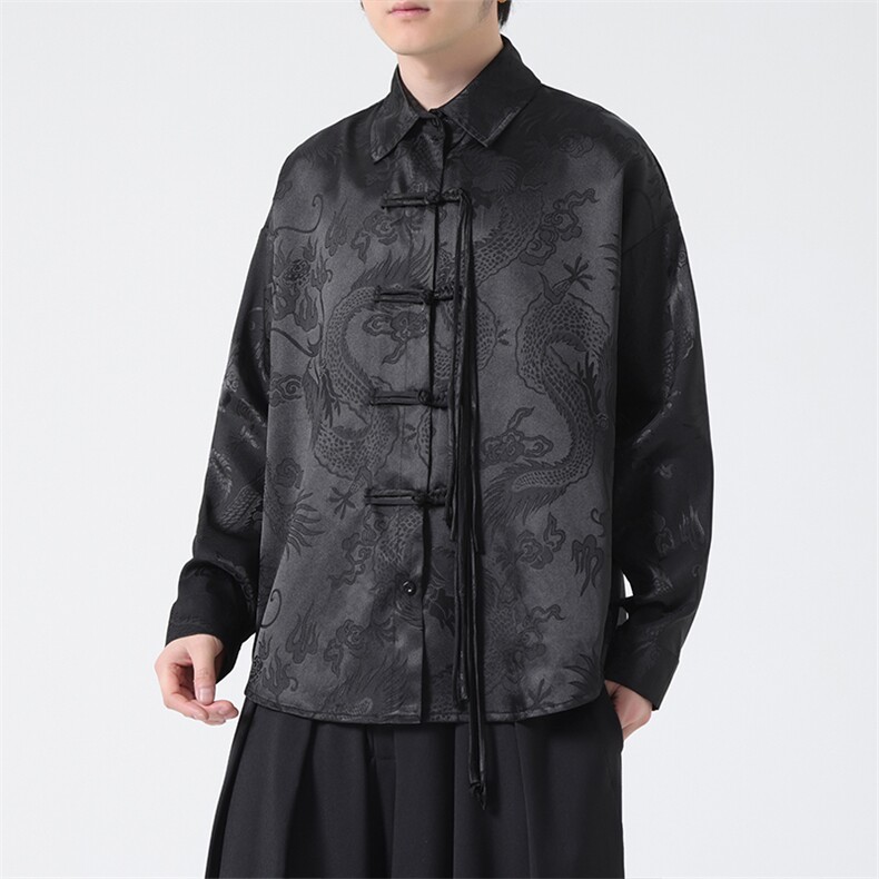 C8608P65无影墻爆龙提花新中式风暗黑风唐装汉服衬衫盘扣,男装衬衫,电商A026