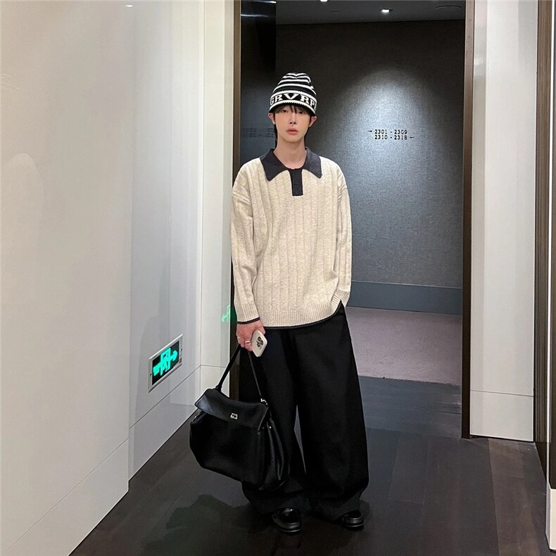 203-6F2543P58复古拼接撞色长袖针织Polo领男宽松撞色毛衣,男装针织衫/毛衣,星座203-6(原电商259)