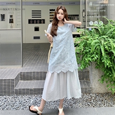 碎花连衣裙方领夏季小个子甜美法式见外包装拼接长裙蕾丝碎花显瘦，女装连衣裙，2C176