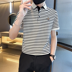 轻奢条纹翻领高档Polo衫大码弹力时尚高级感半袖t恤T08-P48，男装T恤，电商D342