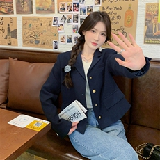 藏青色设计感休闲西装外套女2025春秋法式名媛气高级感显瘦小西服，女装西装，2C205