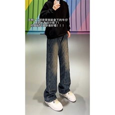 B221美式ins高街小众格子提花直筒牛仔裤LK24382-特P52控88，男装牛仔裤，电商B221
