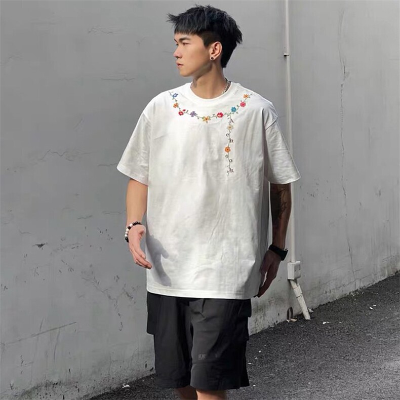 万针全刺绣工艺抖音得物高品质260克重磅纯棉双纱美式高街短袖T恤,男装T恤,电商A486