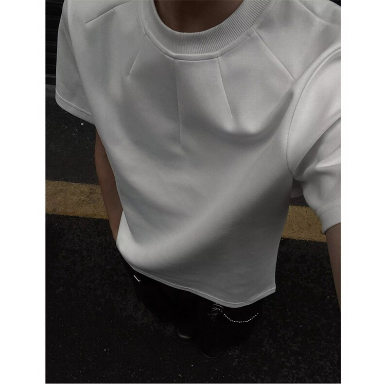 美式小众设计感人棉空气层短袖男夏季新款小领口慵懒风休闲T恤潮图片