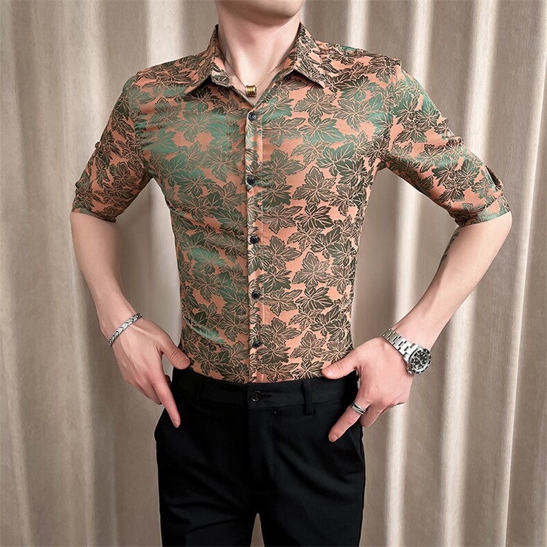 夏季男士新款痞帅七分袖花衬衣男休闲修身衬衫301A-1/CS428/P55图片