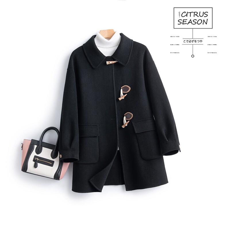 秋冬新款绵羊毛双面呢大衣牛角扣中长款女士宽松外套，女装双面呢大衣，温鑫双面呢