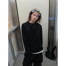 抖音得物品质26春装美式高街宽松曼巴棉螺纹拼接卫衣圆领长袖T恤，男装T恤，电商A443