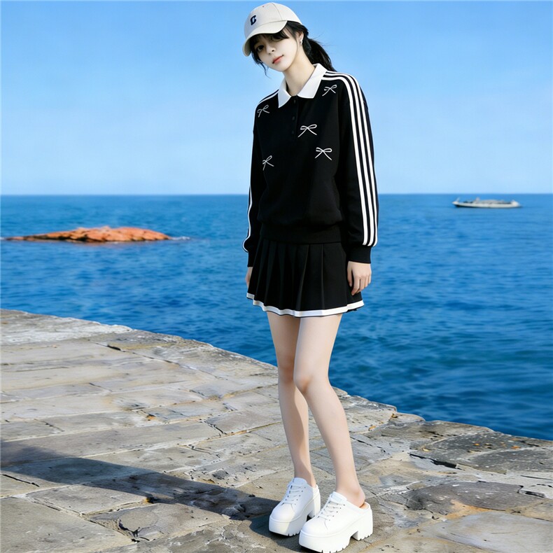 多巴胺休闲时尚套装女夏款洋气减龄蝴蝶结翻领上衣百褶短裙两件套图片