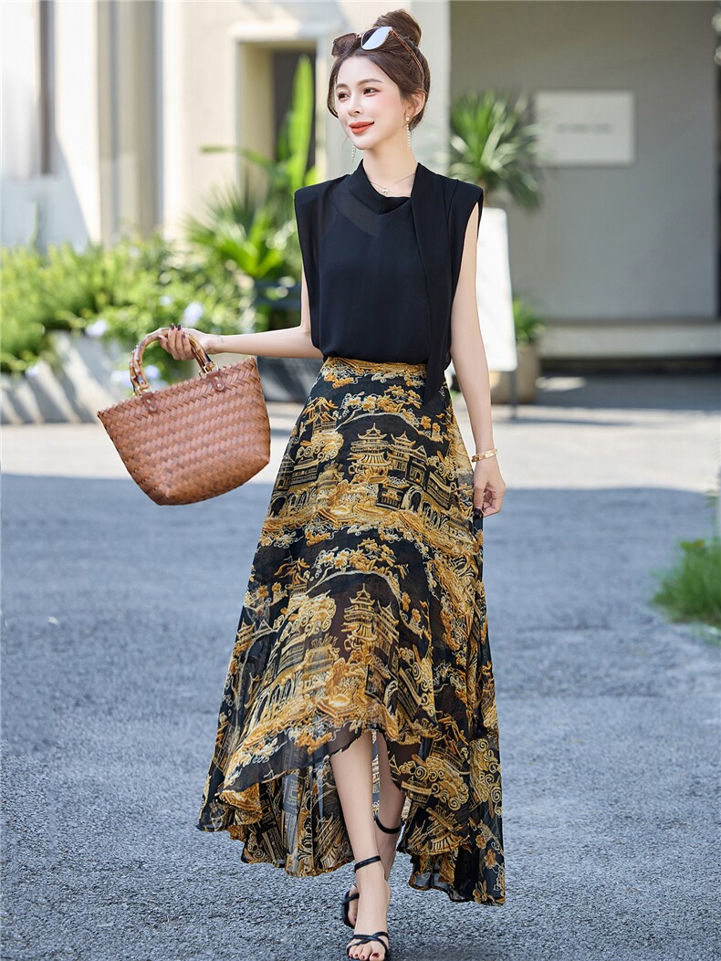 法式绝美气质套装裙女2025夏季新款无袖衬衣碎花鱼尾半身裙两件套,女装套装/套裙,尚娜萱