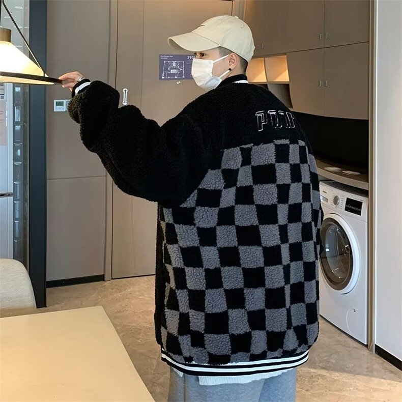 美式ins复古棋盘格套男秋冬刺绣羊羔绒外套HY79P60,男装棉衣,星座1116-2