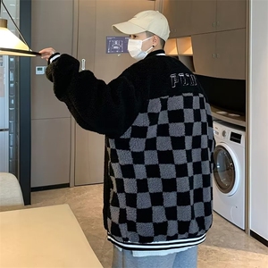 美式ins复古棋盘格套男秋冬刺绣羊羔绒外套HY79P60图片