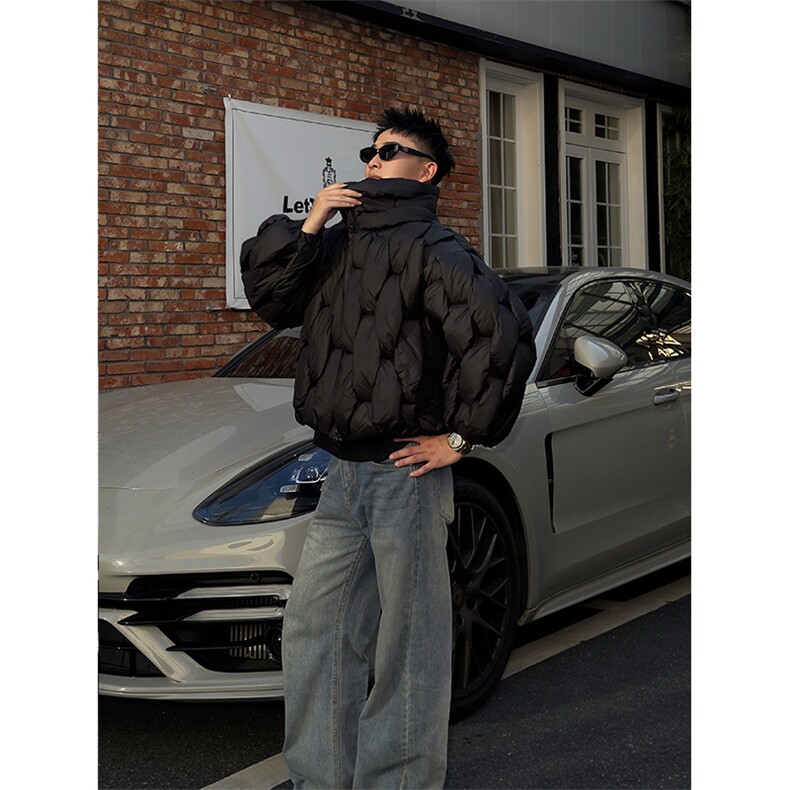 B02/P138控178冬季小众百搭编制设计立领面包服棉服外套男黑首1，男装棉衣，星座305B