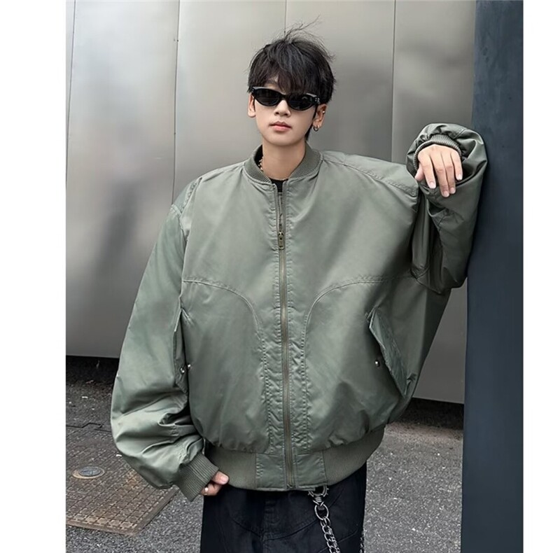美式飞行员棉服夹克短宽廓形军绿色工装外套男秋冬棒球服,男装夹克,星座506