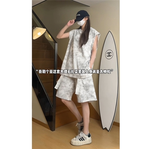 夏季飘带设计休闲运动背心套装情侣百搭扎染背心短裤 TZ899-特P63图片
