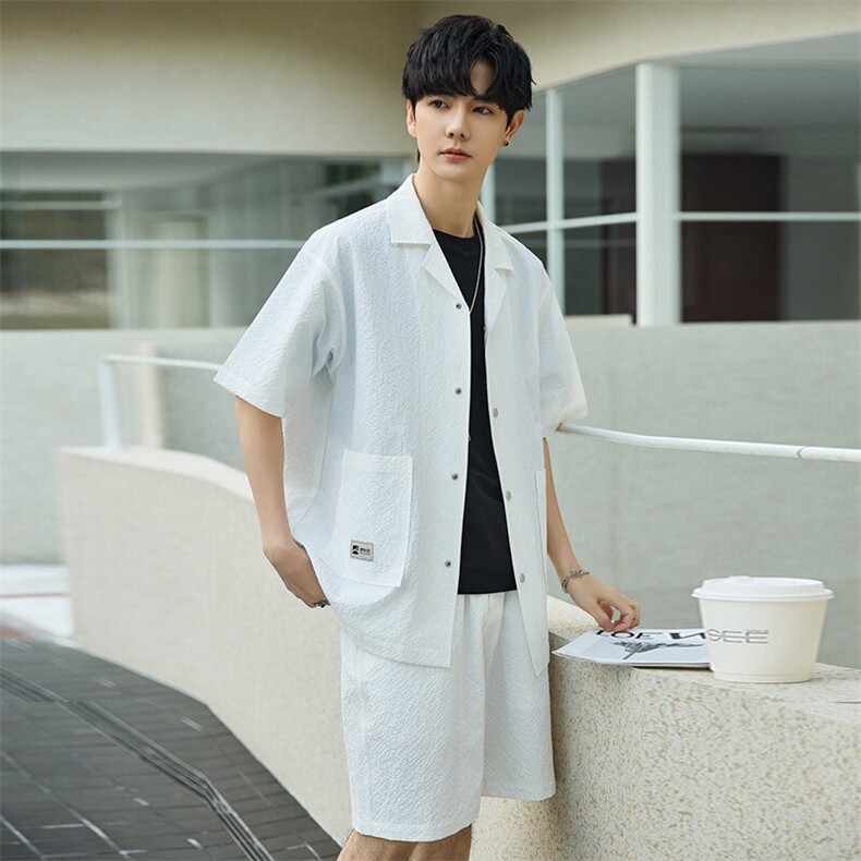 夏泡泡纱套装男士宽松休闲上衣透气短袖衬衫薄款外套YP2503-P105,男装休闲套装,电商A355（原A415）