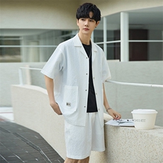 夏泡泡纱套装男士宽松休闲上衣透气短袖衬衫薄款外套YP2503-P105，男装休闲套装，电商A355（原A415）
