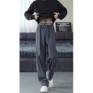 灰色腰带设计垂感西裤男款cleanfit高级感弯刀裤子宽松阔腿直筒裤图片