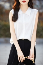 春夏polo领100精细羊毛衫T恤女无袖套头宽松显瘦背心纯色针织上衣，女装羊毛衫，总能电商供货