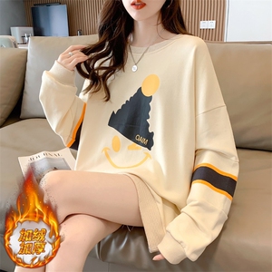 A8395牛奶丝复合100涤加绒加厚撞色拼接宽松圆领卫衣女P48图片