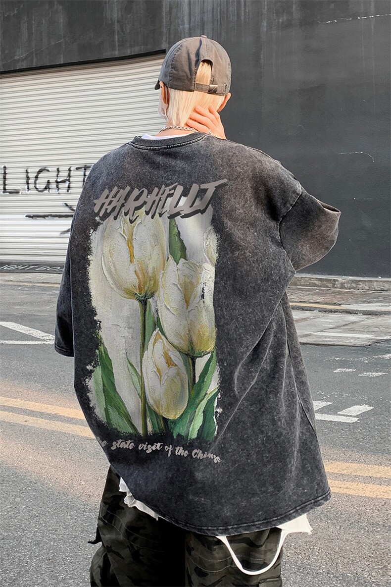 B239-1091-P38油画郁金香印花复古水洗做旧重磅落肩袖短袖T恤,男装T恤,星座514-2(原B239)
