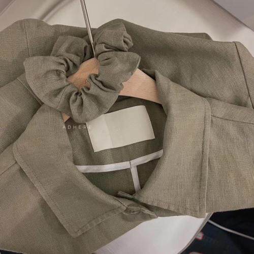 现货新款水洗麻料套装满满细节sml麻本色水洗绿，女装职业装，ADHERE