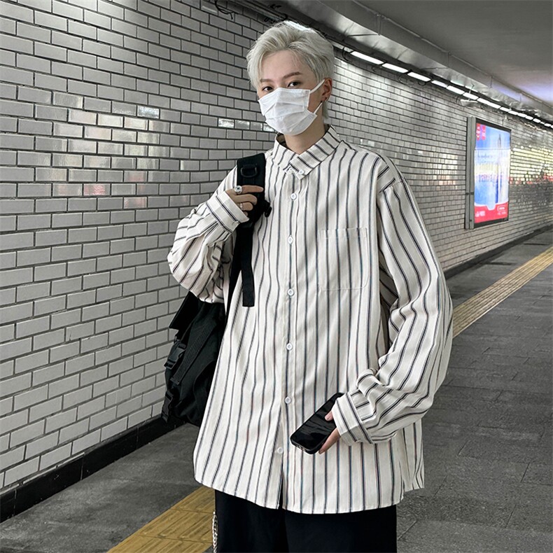 衬衫男韩版两次长袖条纹个性帅2023秋季新款日系ins外套CY452-P32图片