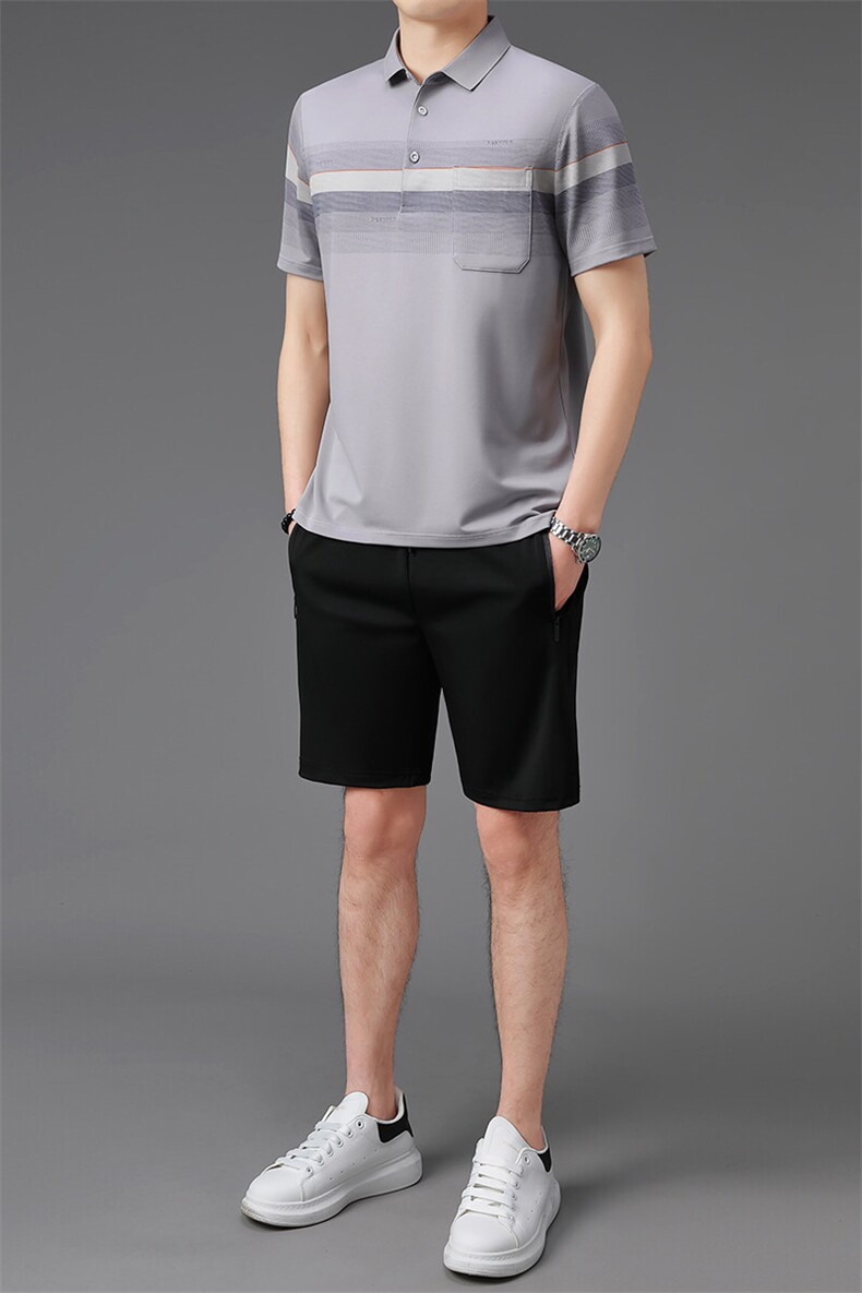 夏季中老年休闲运动套装冰丝短袖短裤爸爸装两件套爷爷衣服,男装休闲套装,钱塘6003（原4033）