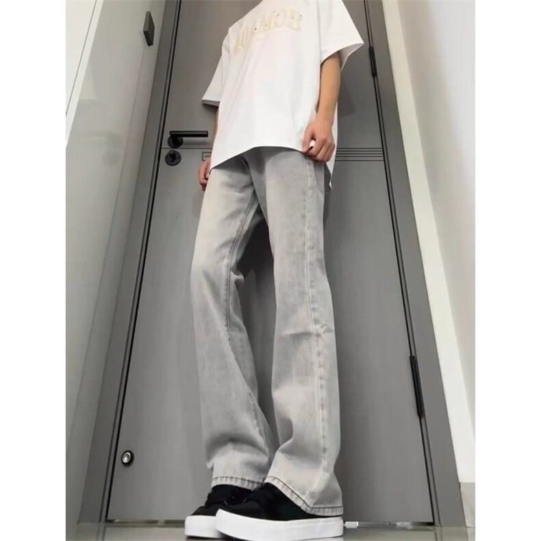 烟灰色美式cleanfit牛仔裤男款直筒高个子加长裤子修身弯刀微喇裤,男装牛仔裤,星座1013-1