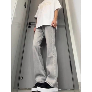 烟灰色美式cleanfit牛仔裤男款直筒高个子加长裤子修身弯刀微喇裤图片