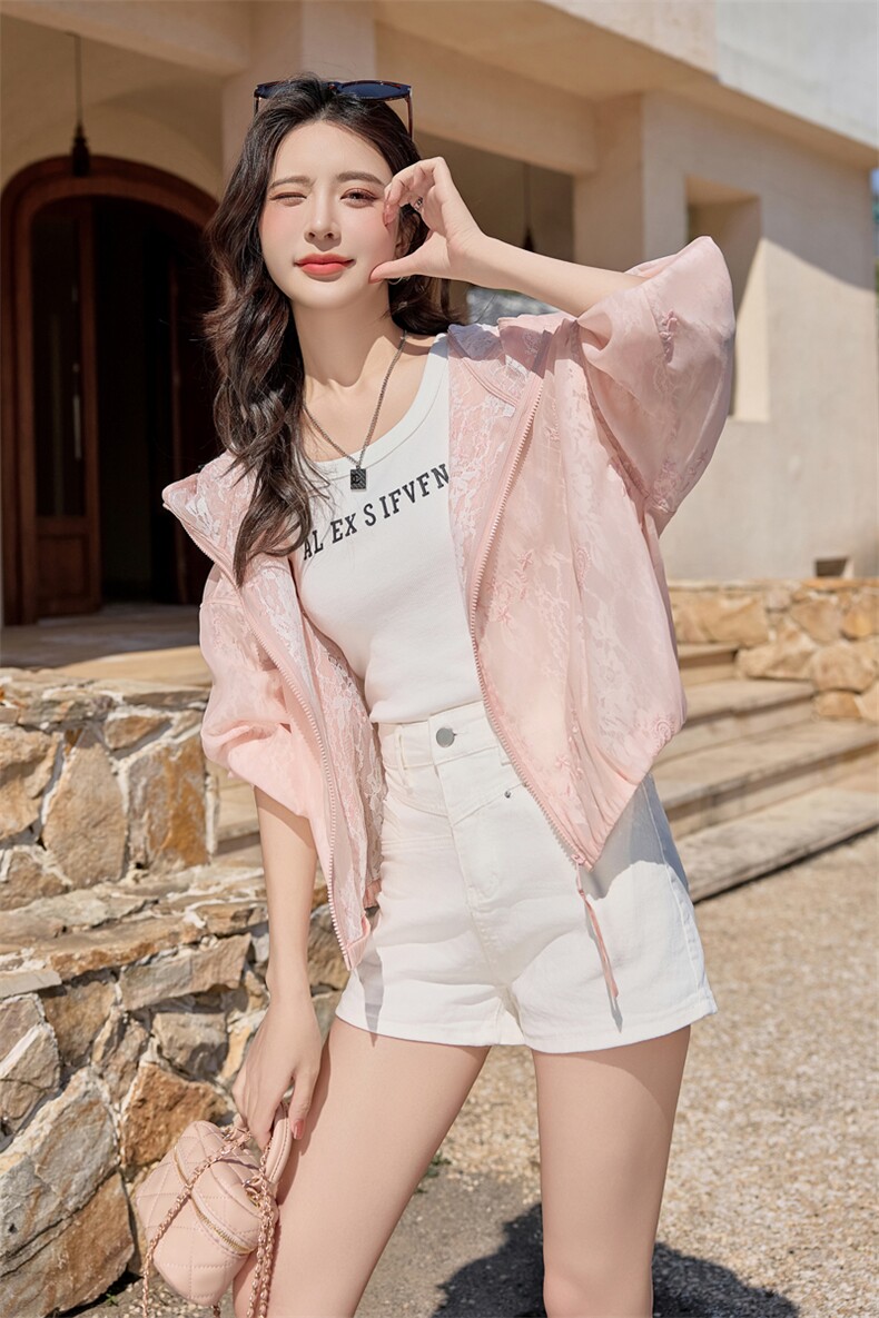 韩版刺绣连帽蕾丝防晒衣女2025春夏新款甜美小个子轻薄洋气短外套,女装短外套,深水步